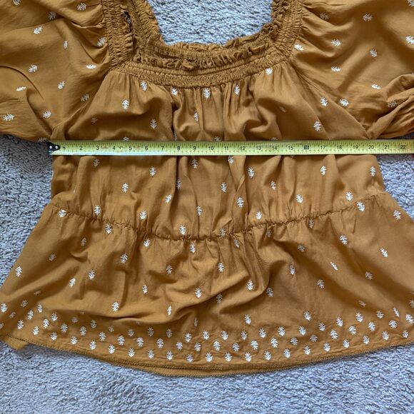 Old Navy Women Blouse 2X Ancient Gold Puff-Sleeve Smocked Embroidered Babydoll - Picture 8 of 9